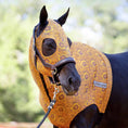 Load image into Gallery viewer, Jeffers Expression Lycra hood for horses, yellow floral fly mask with brown trim on a black horse.
