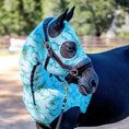 Load image into Gallery viewer, Jeffers Expression Lycra Hood for Horses in turquoise marble pattern with eye and ear openings.
