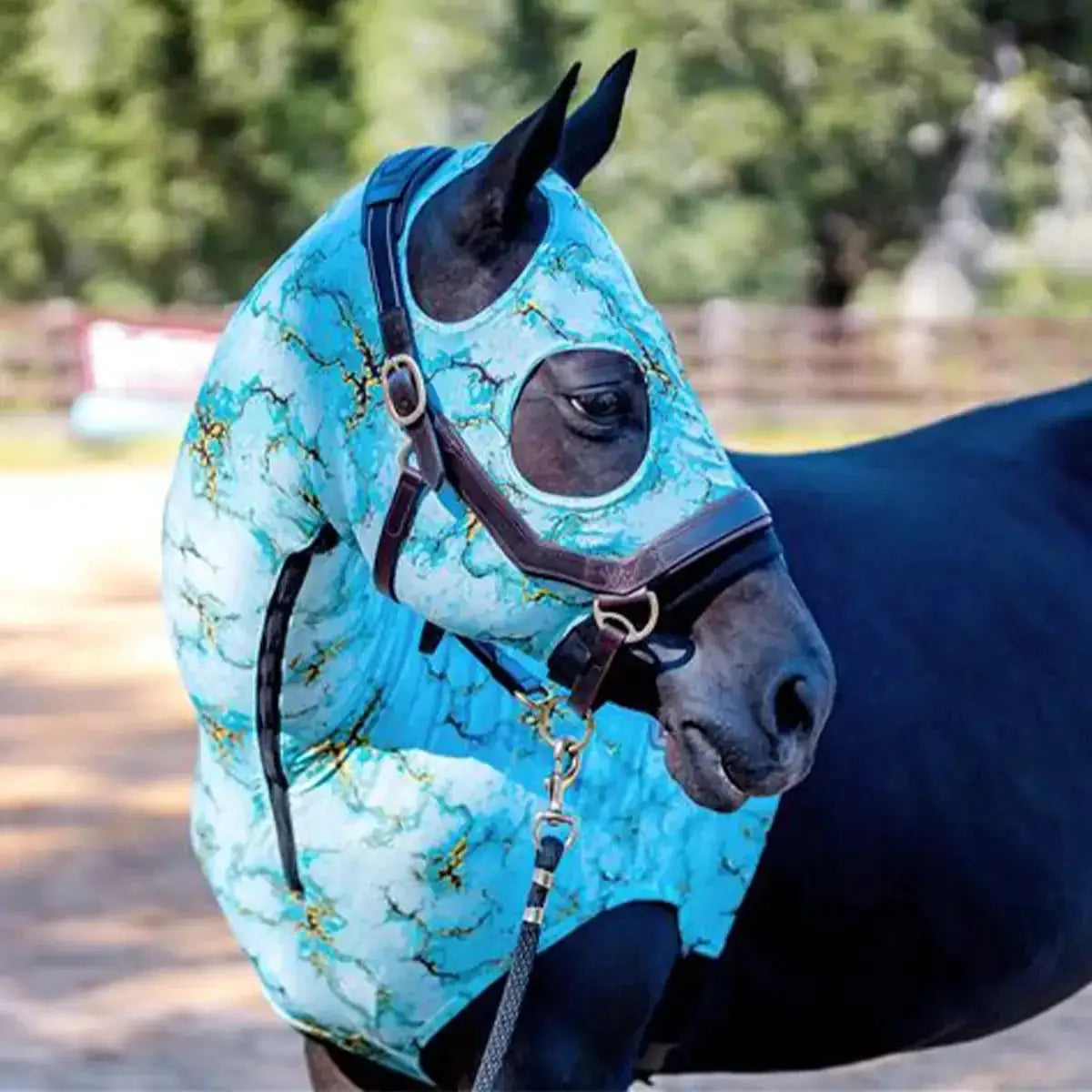 Jeffers Expression Lycra Hood for Horses in turquoise marble pattern with eye and ear openings.