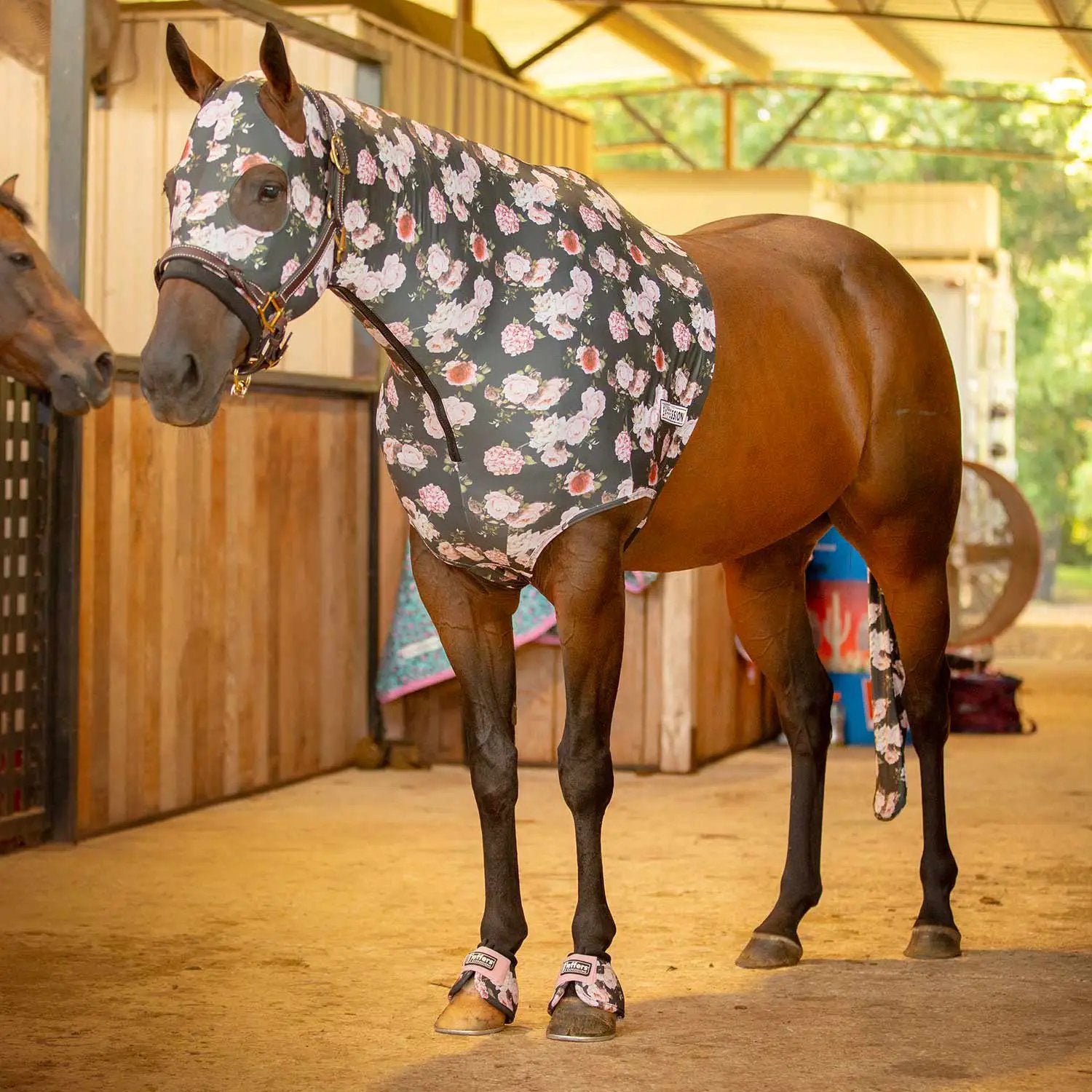 Jeffers Expression Lycra horse hood with floral gray fabric for fly protection.