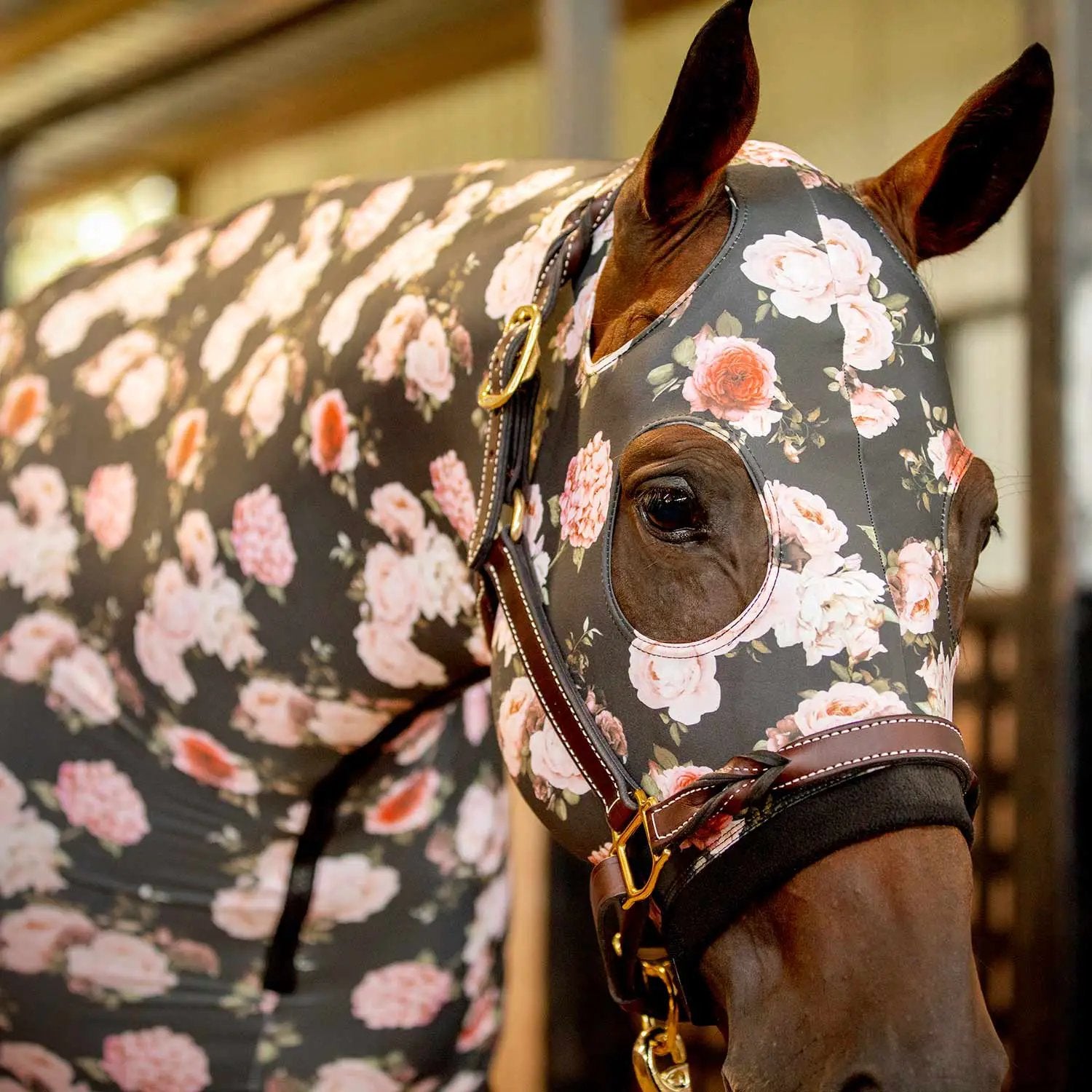 Jeffers Expression Lycra Hood for Horses, gray floral print fly mask with gold hardware