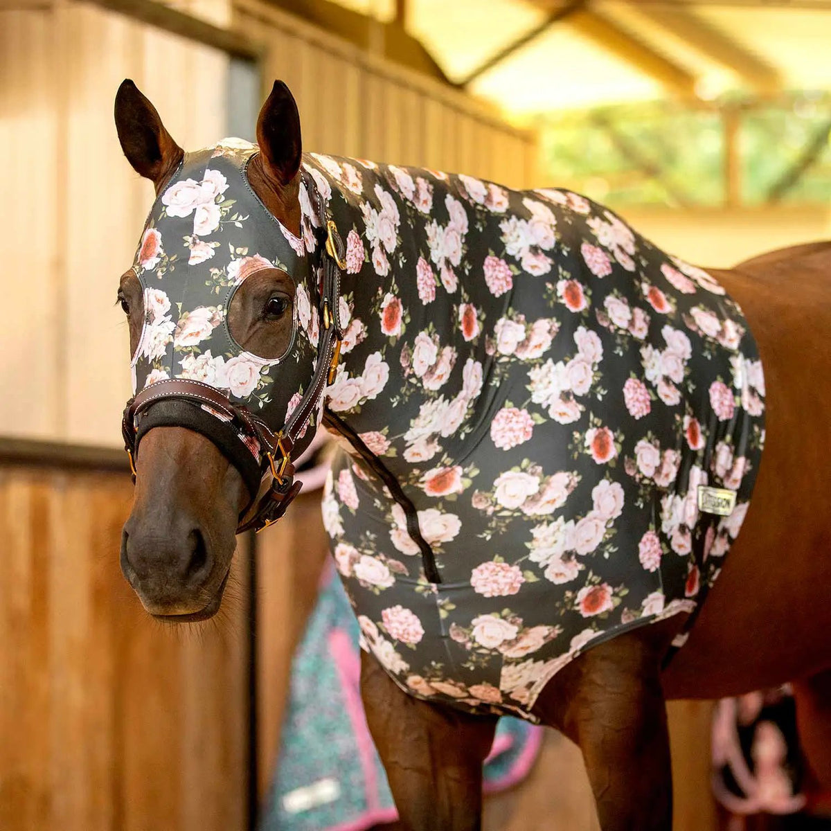Jeffers Expression Lycra Horse Hood with pink floral pattern