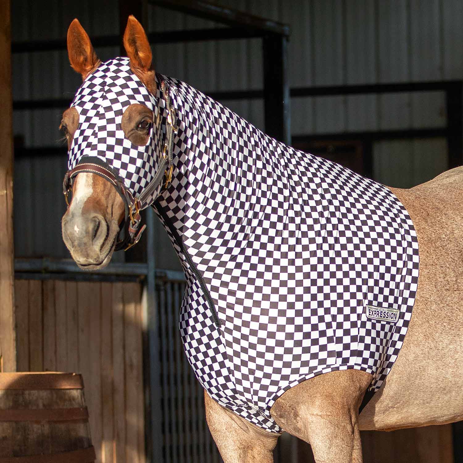Jeffers Expression Lycra Hood for Horses in black-and-white checkered print.
