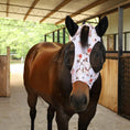 Bild in Galerie-Betrachter laden, Jeffers Expression Lycra Horse Fly Mask with Ears, floral print mask with black ear panels on a brown horse.
