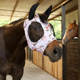 Bild in Galerie-Betrachter laden, Jeffers Expression Lycra Horse Fly Mask with Ears on a dark horse; white floral mask with black ears
