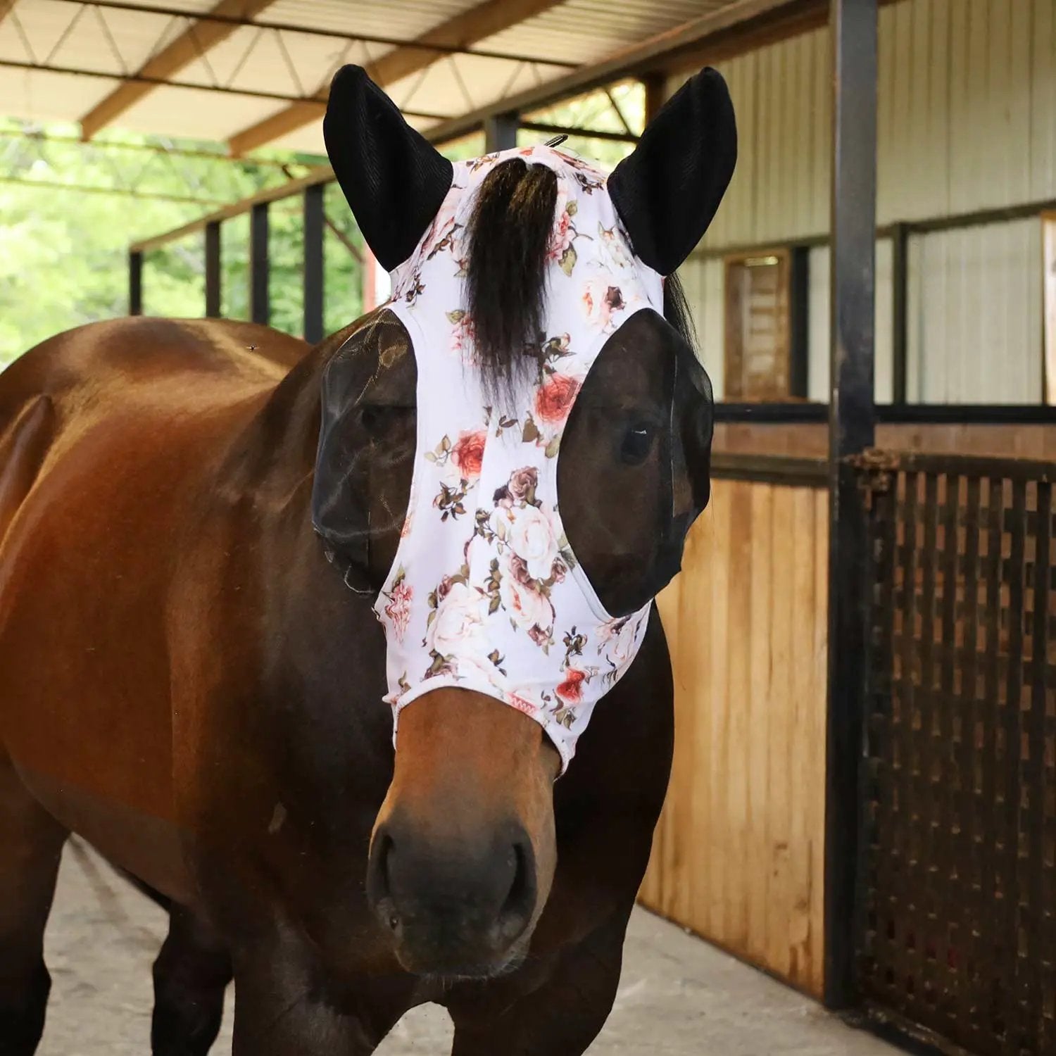 Jeffers Expression Lycra Horse Fly Mask with Ears in white floral pattern