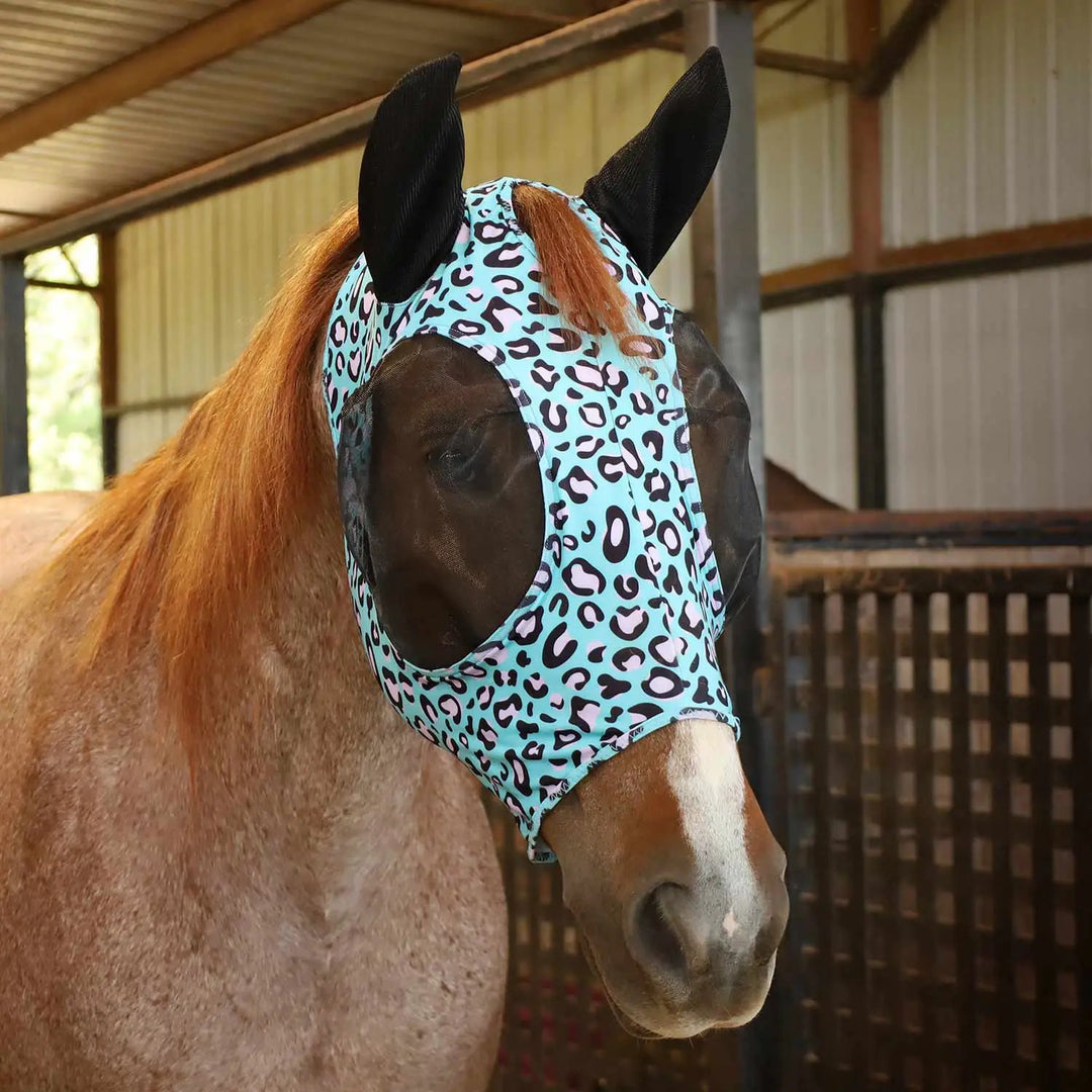 Jeffers Expression Lycra Horse Fly Mask with Ears, turquoise leopard print with black ears