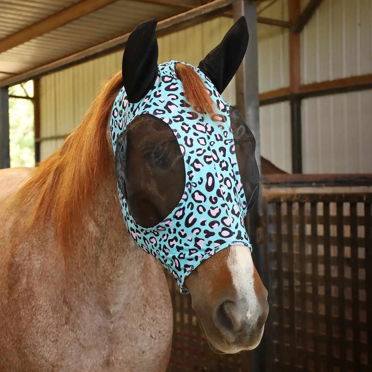 Jeffers Expression Lycra Horse Fly Mask with Ears, turquoise leopard print with black ears