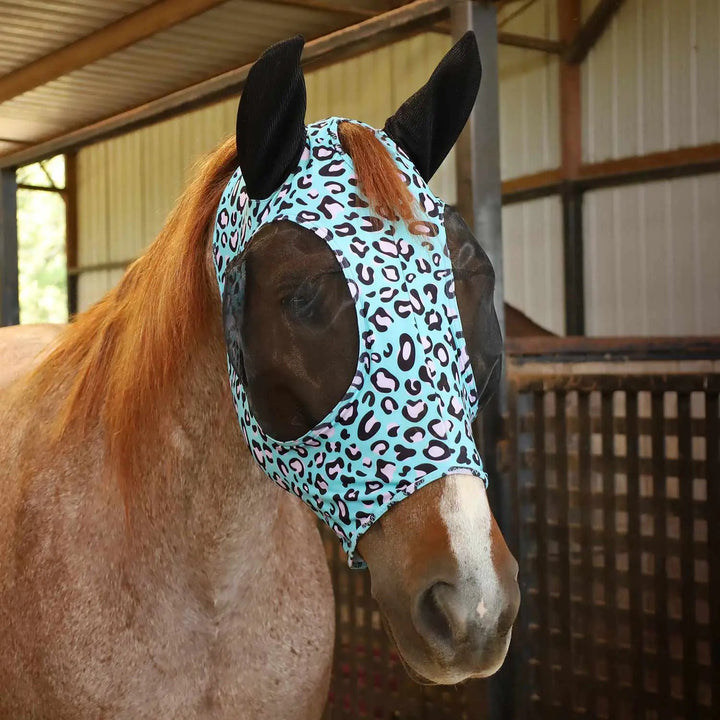 Jeffers Expression Lycra Horse Fly Mask with Ears, turquoise leopard print with black ears