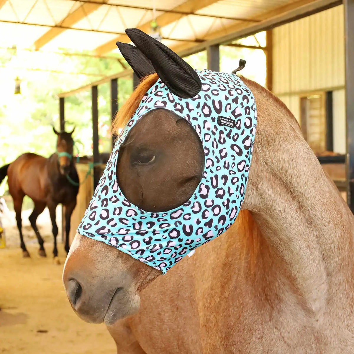 Jeffers Expression Lycra Horse Fly Mask with Ears, blue leopard print