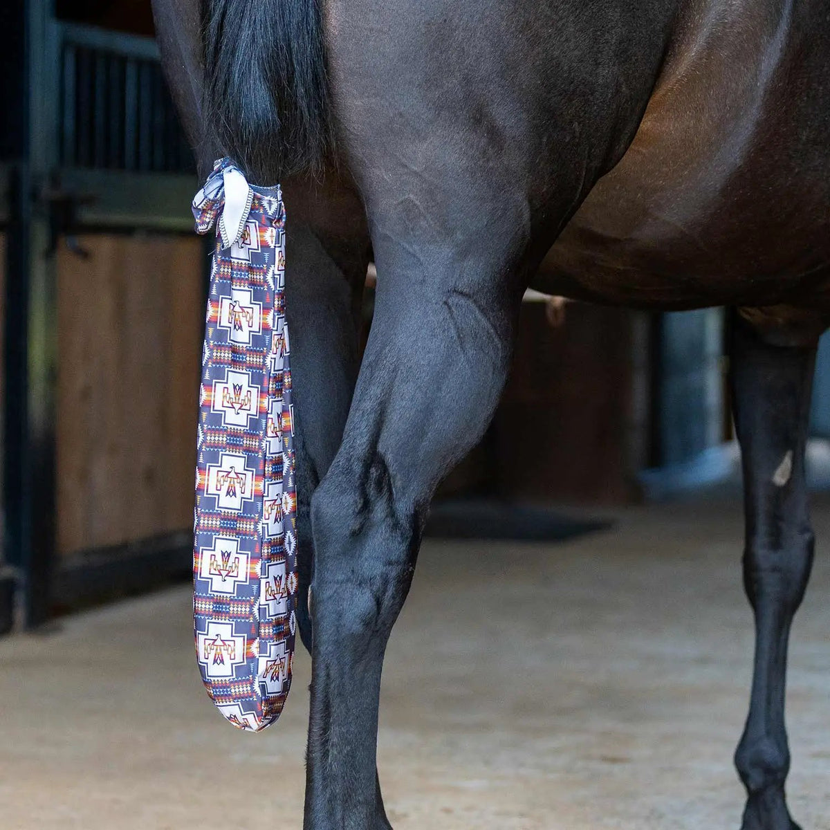 Jeffers Expression Lycra Horse Tail Bag, 24 inch, patterned geometric fabric on a black horse.