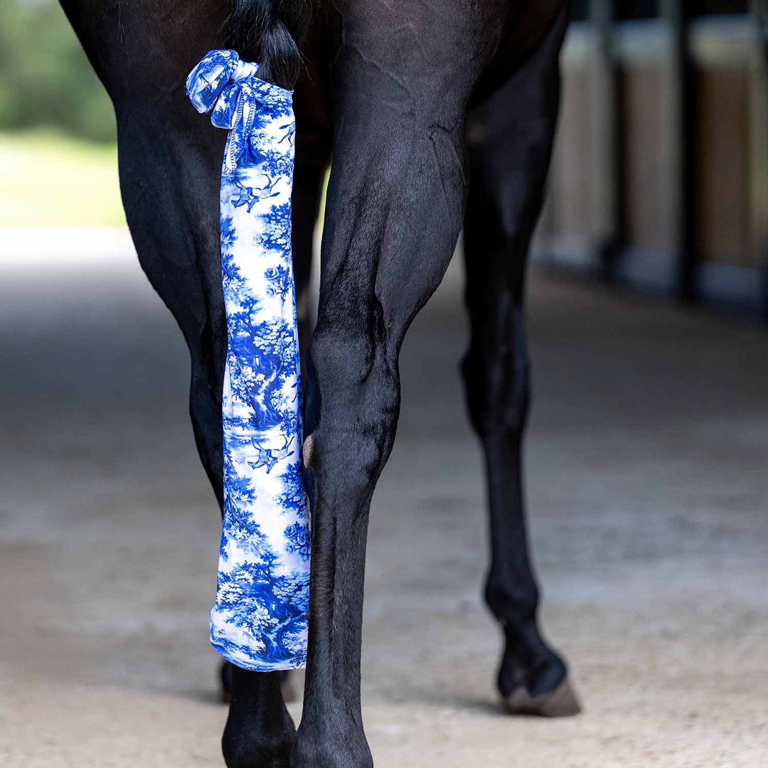 Jeffers Expression Lycra Horse Tail Bag, 24-inch long, blue-and-white toile pattern.