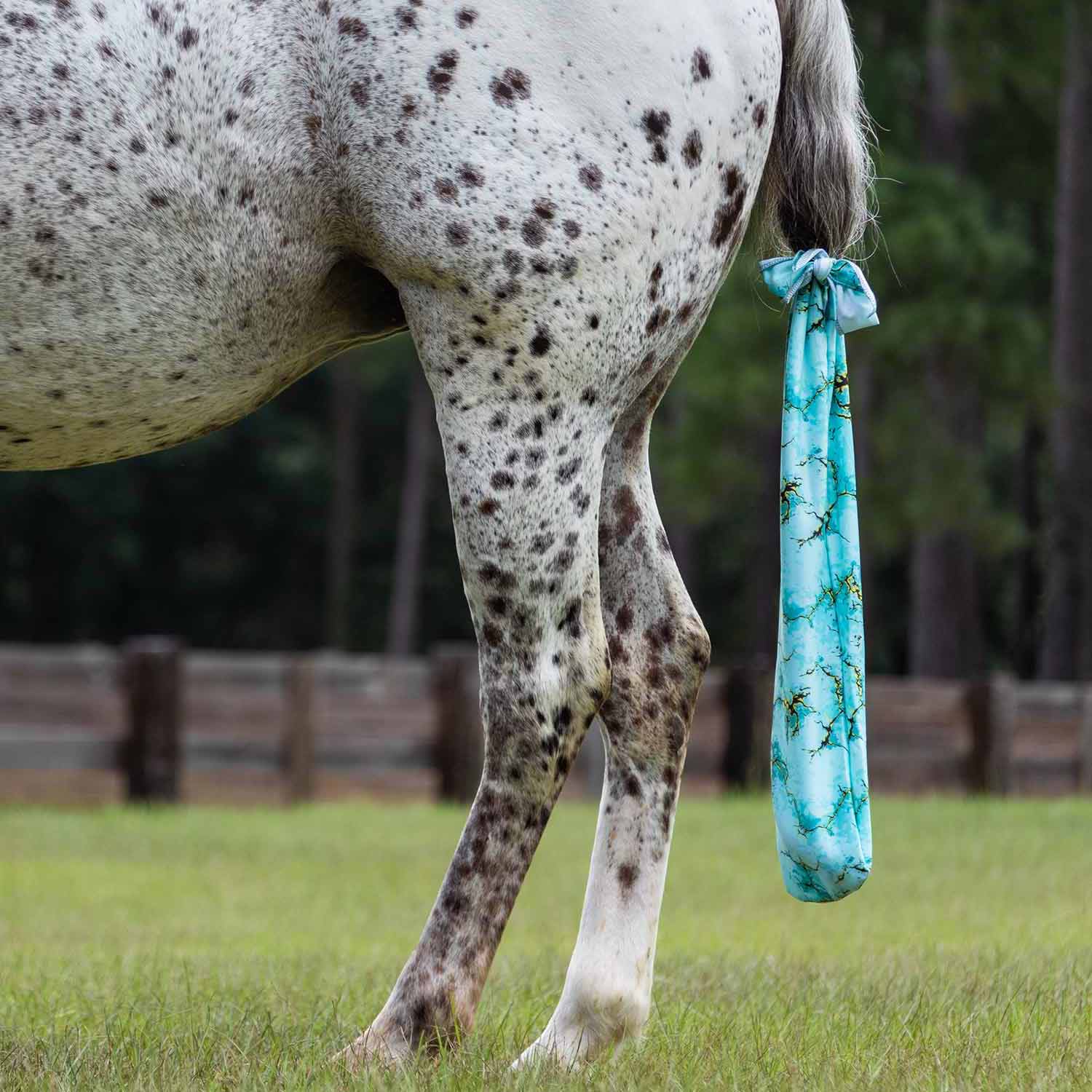 Jeffers Expression Lycra horse tail bag, 24 inches long, turquoise patterned wrap tied to a horse’s tail.