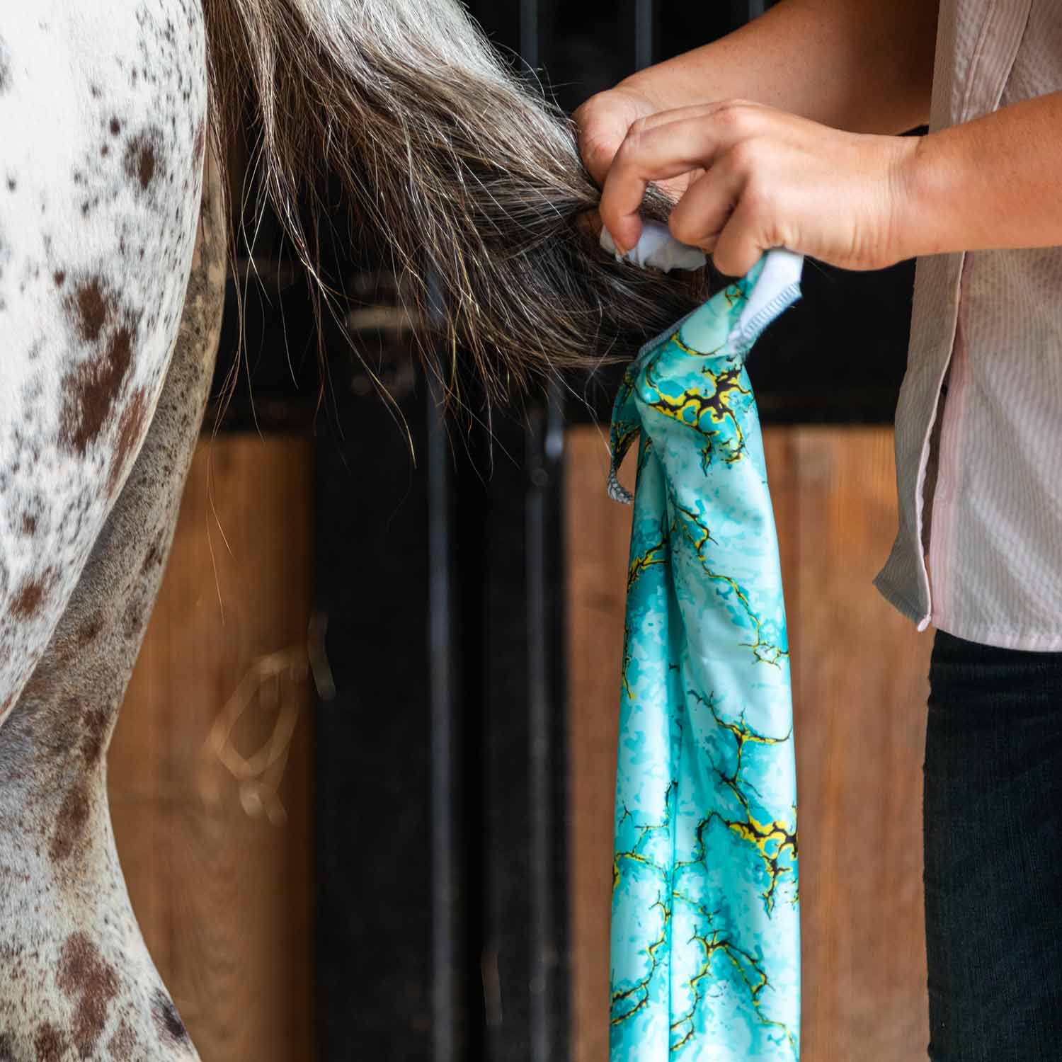 Jeffers Expression Lycra Horse Tail Bag, turquoise fabric, 24 inches long being fitted to a horse's tail.