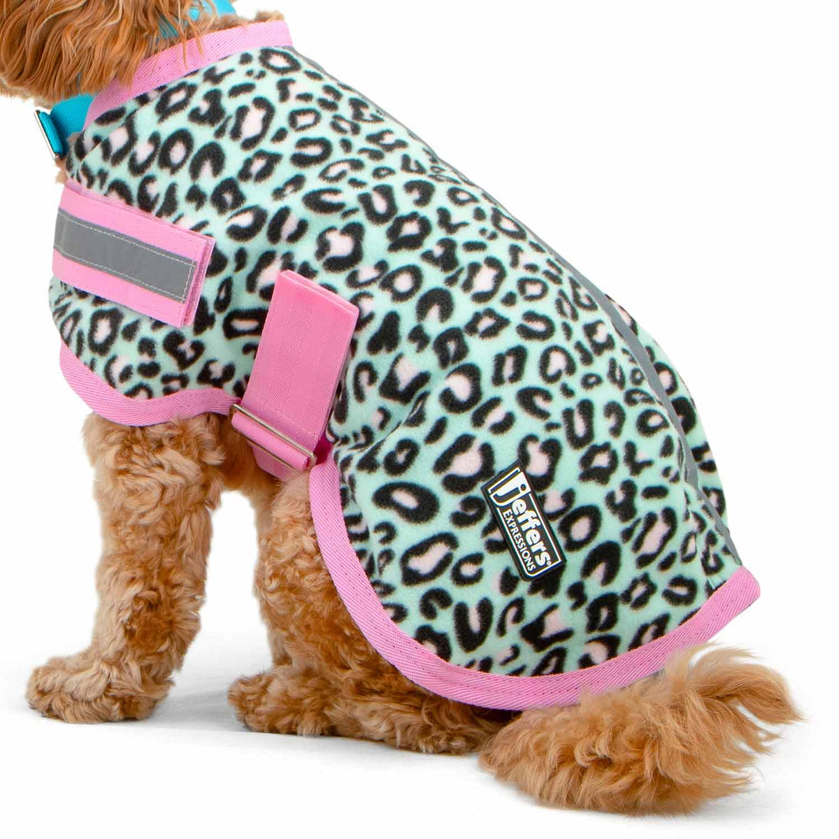 Jeffers Expression Moisture-Wicking Fleece Dog Coat in turquoise leopard print with pink trim