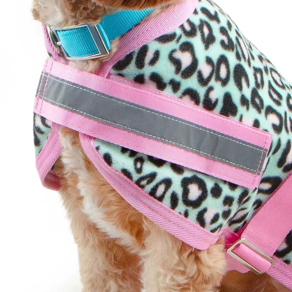 Jeffers Expression Moisture-Wicking Fleece Dog Coat with pink straps and gray reflective stripe on leopard-print fleece