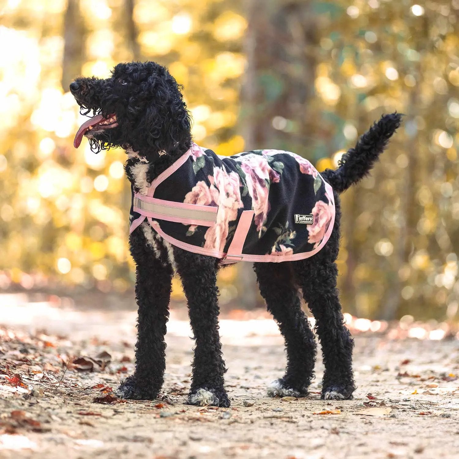 Jeffers Expression Moisture-Wicking Fleece Dog Coat, pink floral pattern for dogs, brand tag visible