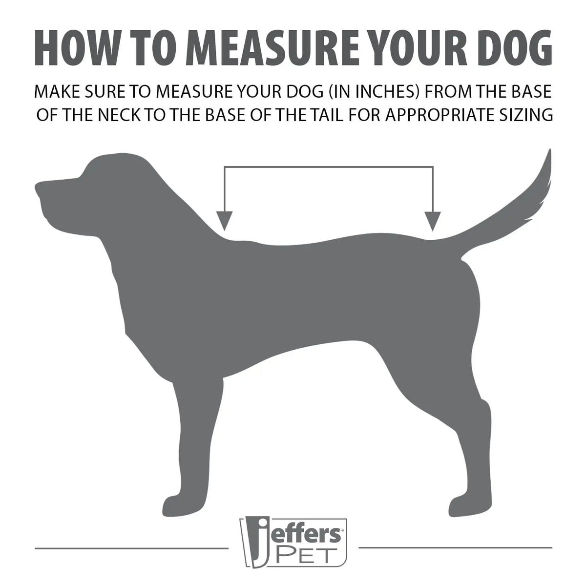 Jeffers Expression 600D waterproof ripstop dog coat, 240g; sizing guide illustration with a dog silhouette.