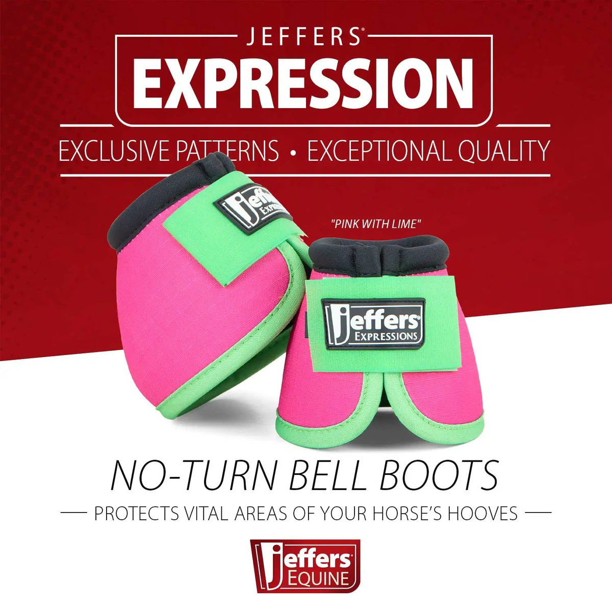 Jeffers Expressions neon pink no-turn bell boots for horses with lime green trim; 2-pack