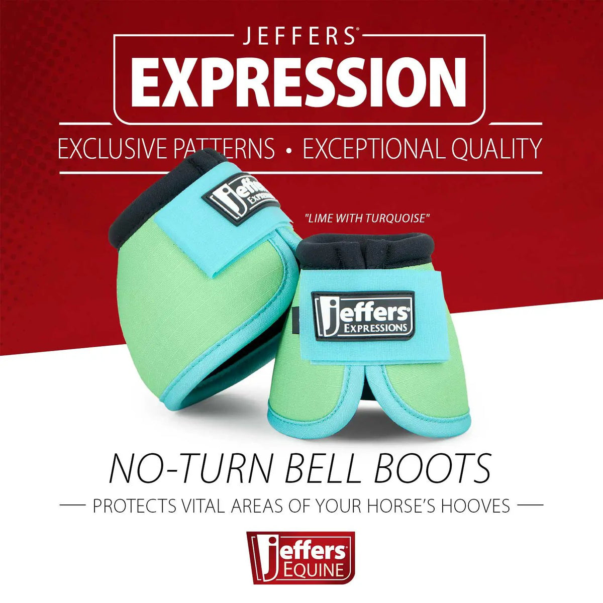 Jeffers Expressions No-Turn Bell Boots for horses, lime and turquoise, 2-pack
