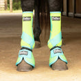 Load image into Gallery viewer, Jeffers Expressions neon protective horse boots with turquoise straps on both front legs
