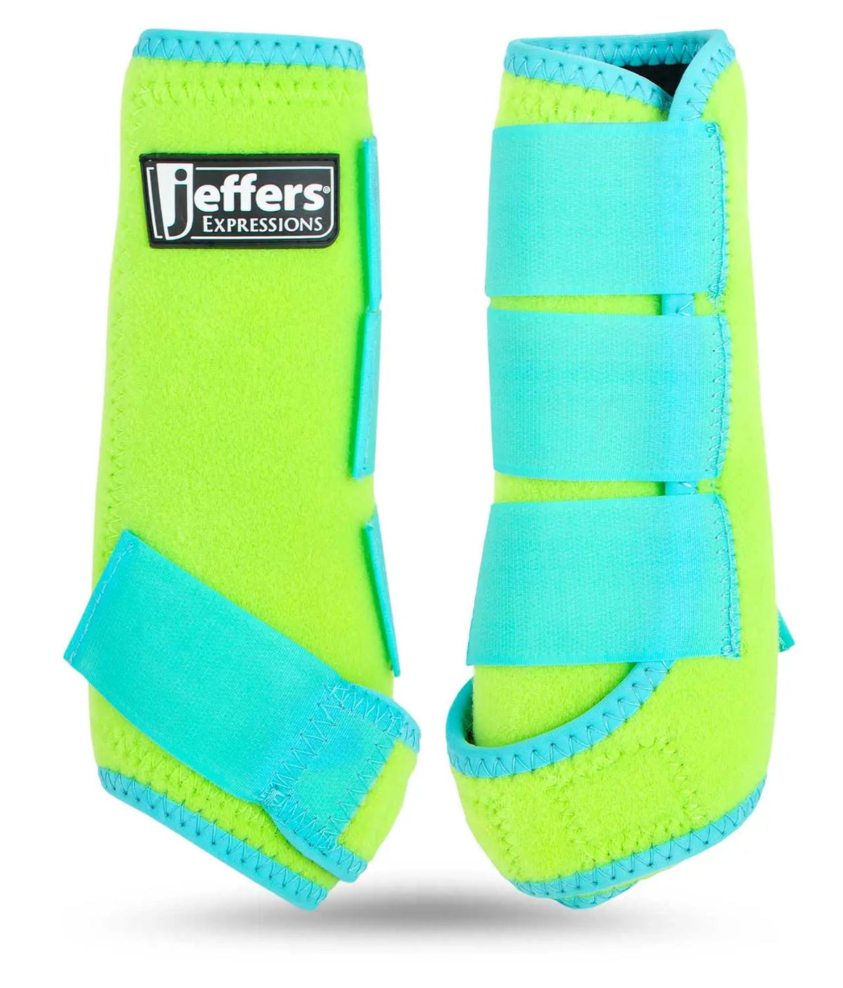 Jeffers Expressions neon lime-green horse boots pair with blue Velcro straps