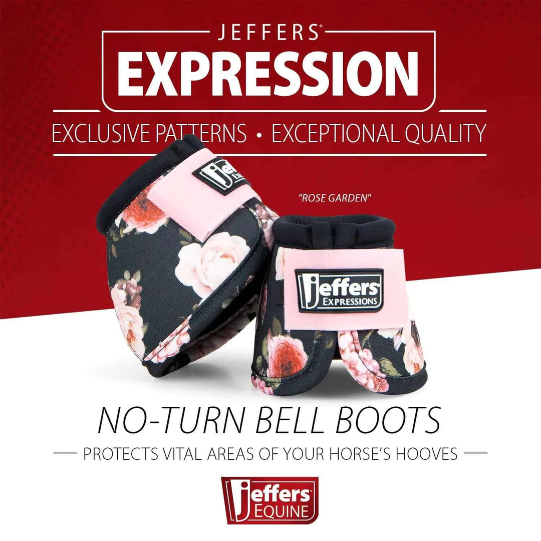 Jeffers Expressions No-Turn Bell Boots for Horses, pair, nylon with floral navy pattern and pink Velcro straps