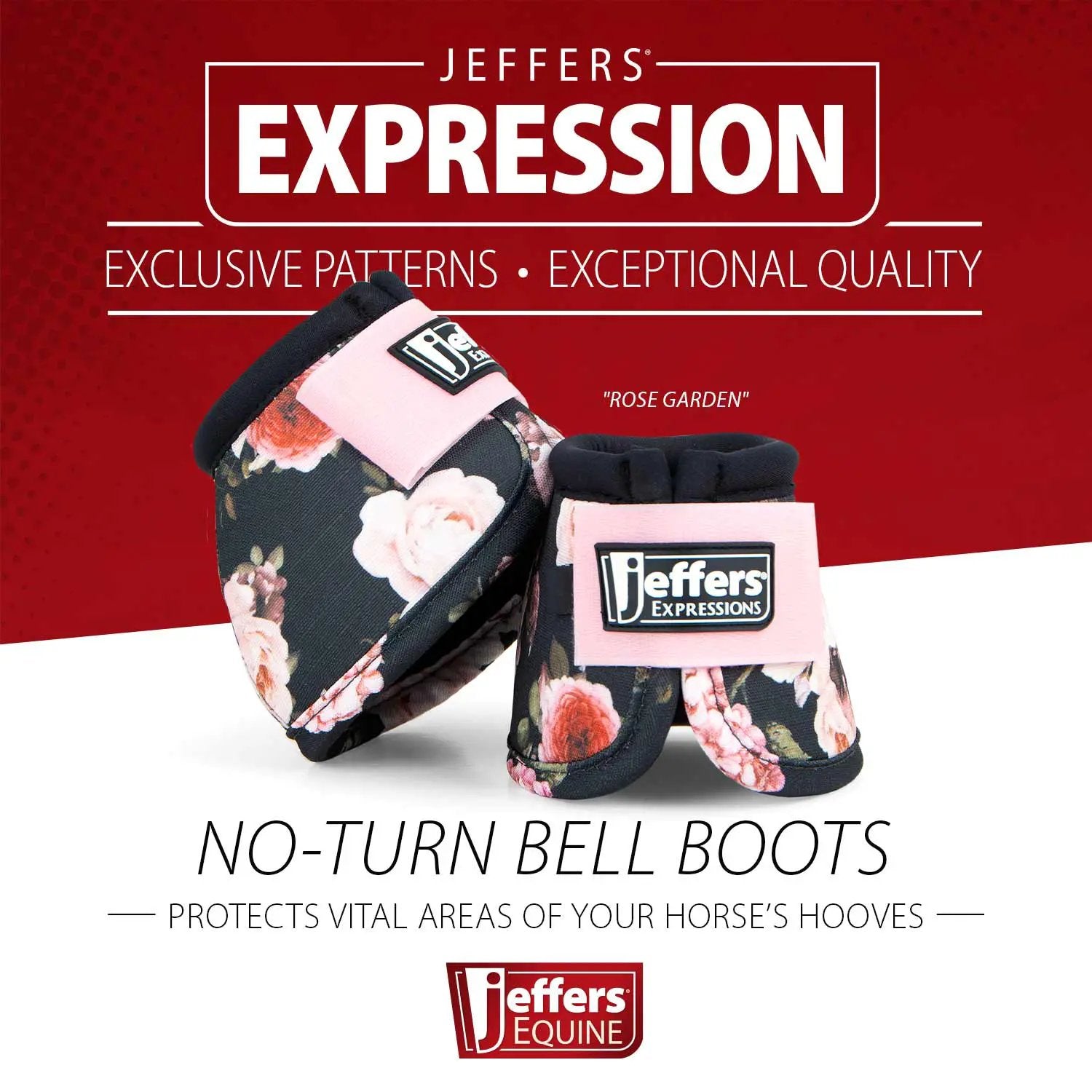 Jeffers Expressions No-Turn Bell Boots for Horses, pair, nylon with floral navy pattern and pink Velcro straps
