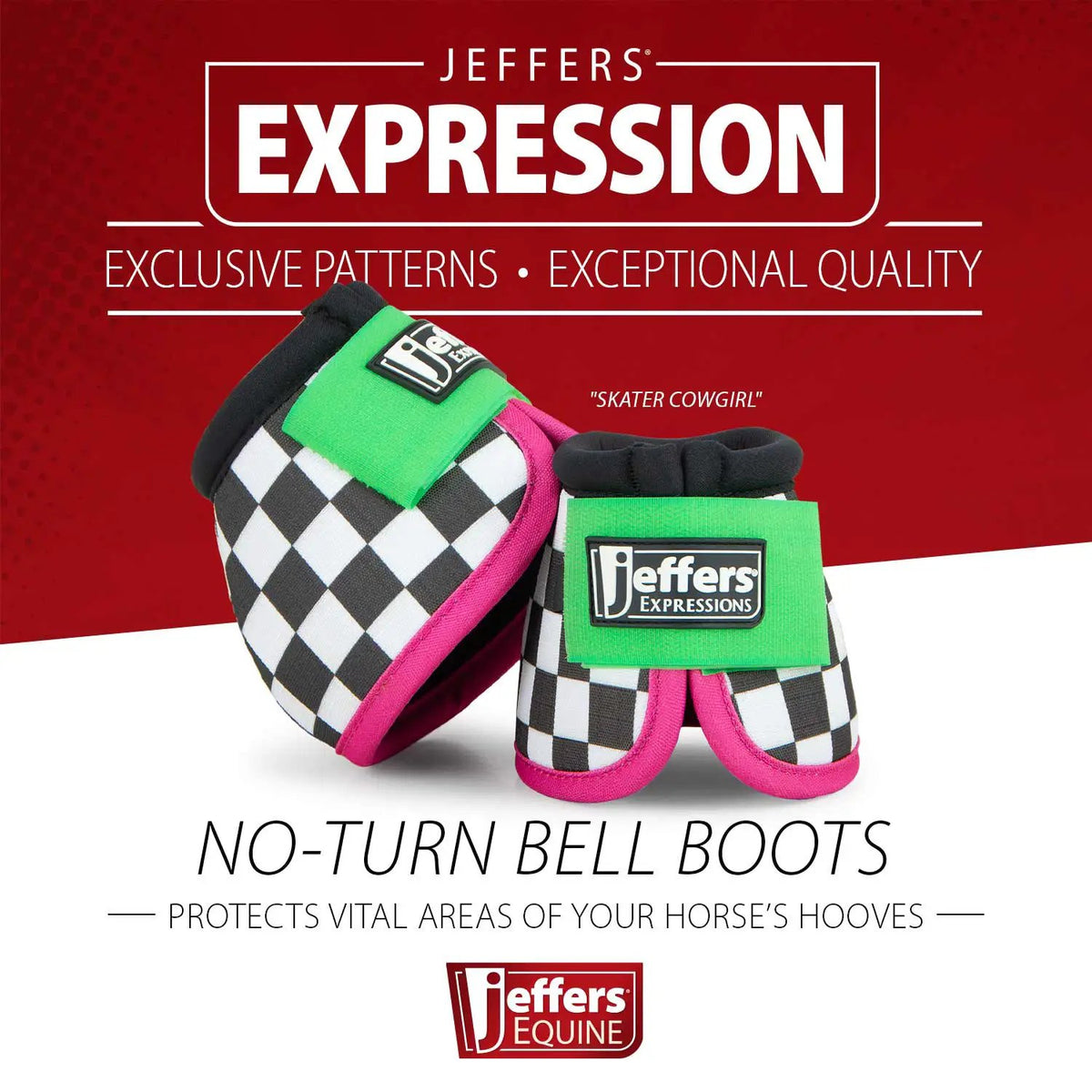 Jeffers Expression No-Turn Bell Boots for Horses, pair; nylon with black-and-white checkered pattern, pink trim and neon green patch