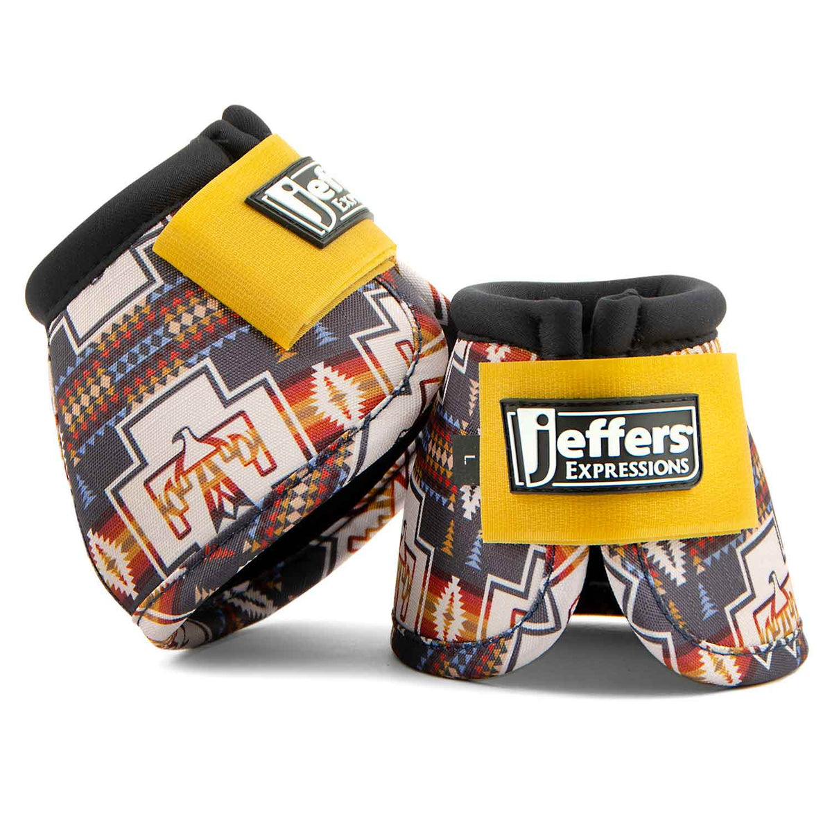 Jeffers Expressions No-Turn bell boots for horses, pair, nylon with yellow Velcro straps and geometric pattern