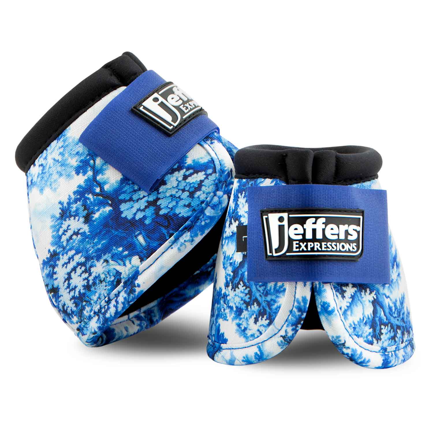 Jeffers Expressions No-Turn Bell Boots for Horses, pair, blue tie-dye nylon with black trim and logo strap