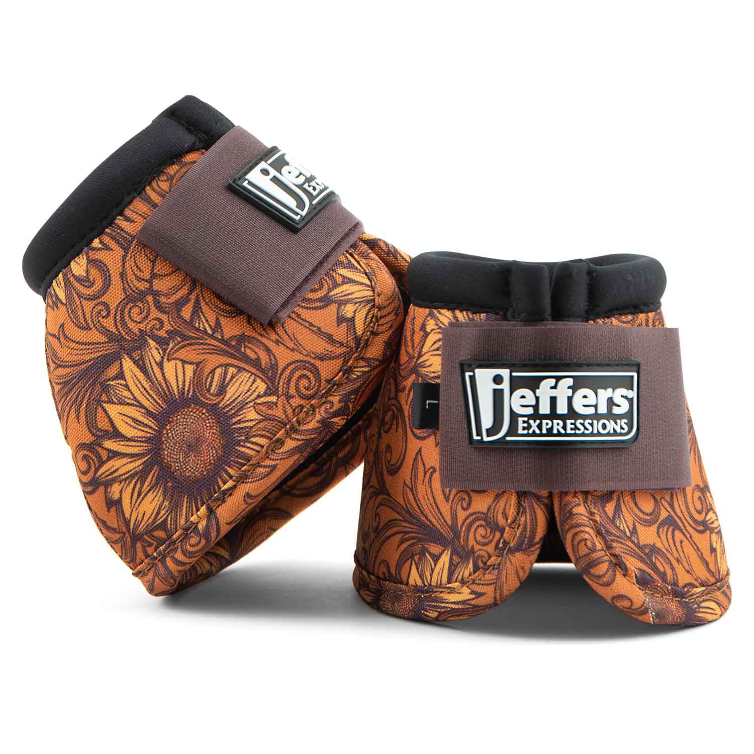 Jeffers Expression No-Turn horse bell boots, nylon, orange floral pattern pair