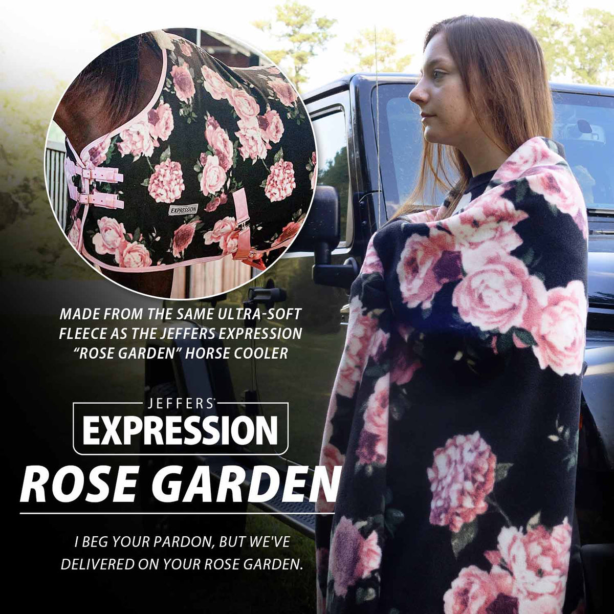 Jeffers Expression Rose Garden oversized fleece horse blanket with pink floral pattern