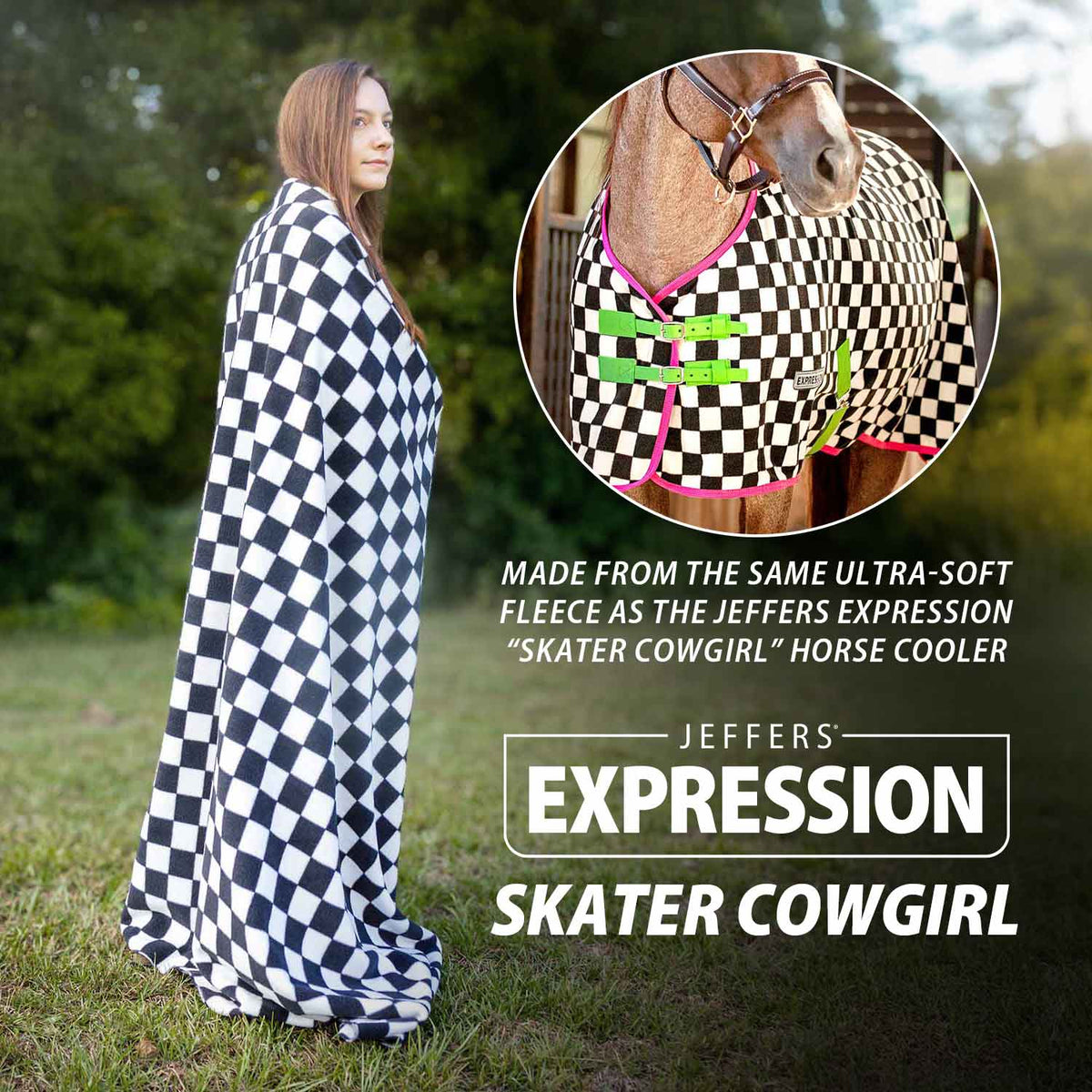 Jeffers Expression oversized fleece throw blanket in black-and-white checker; two blankets shown, on a person and a horse.