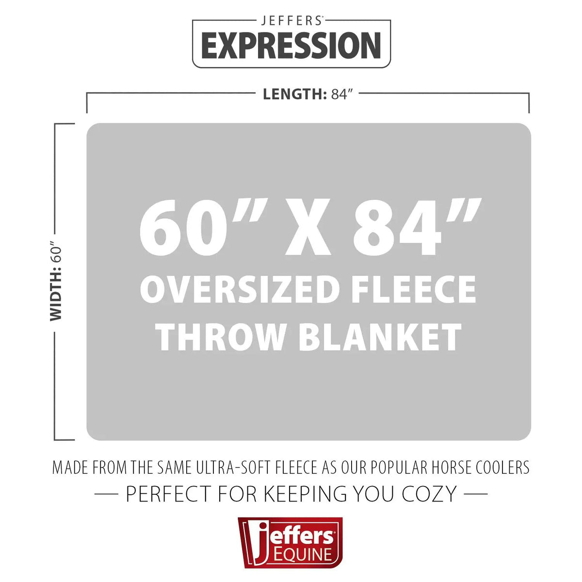 Jeffers Expression oversized fleece throw blanket, 60 x 84 inches, gray fleece with Jeffers Equine logo