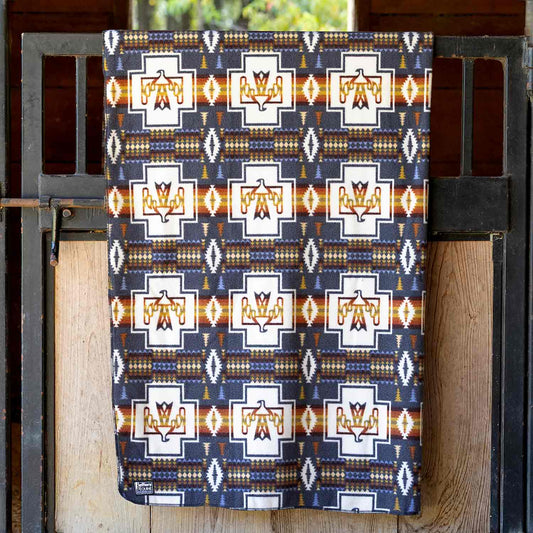 Jeffers Expression oversized fleece throw blanket in navy with white geometric crosses and orange accents