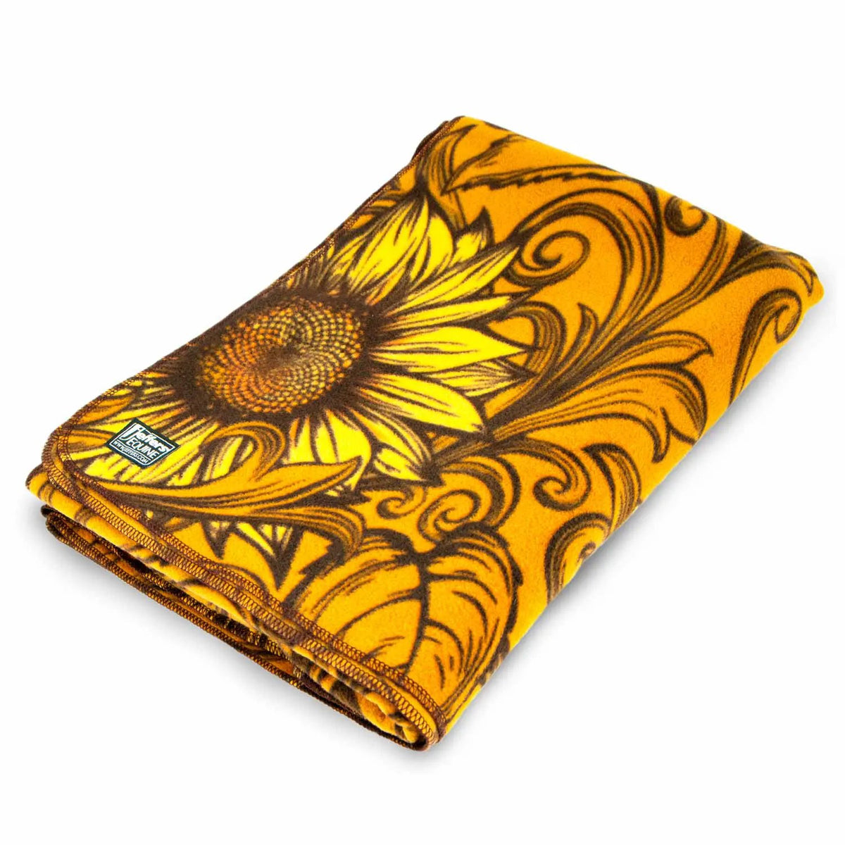 Jeffers Expression oversized fleece throw blanket with sunflower print in orange and yellow.