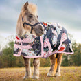 Load image into Gallery viewer, Jeffers Expression Pony turnout blanket, 1200 denier, floral navy fabric with pink straps, 240g fill.
