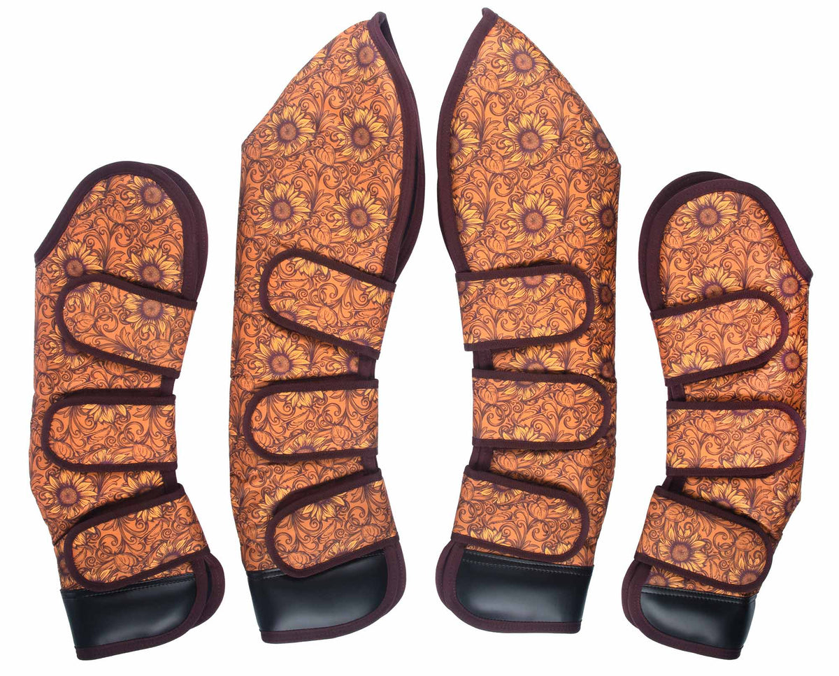 Jeffers Expression Shipping Boots, Full size, orange sunflower print with burgundy trim, four boots