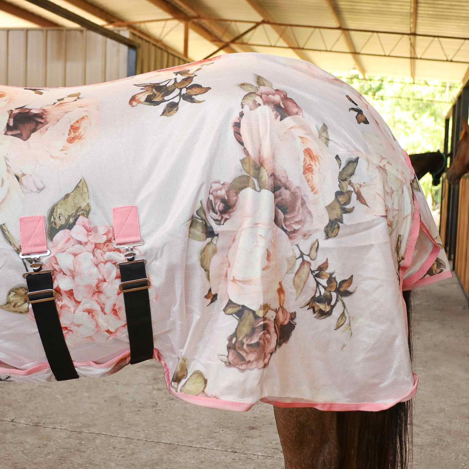 Jeffers Expression Softmesh Combo Neck Horse Fly Sheet in pink floral print with pink straps