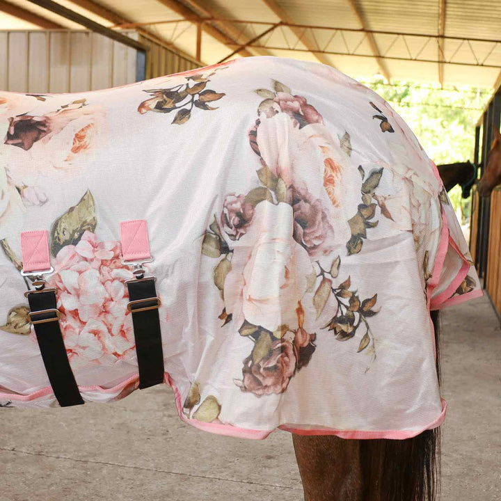 Jeffers Expression Softmesh Combo Neck Horse Fly Sheet in pink floral print with pink straps