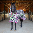 Load image into Gallery viewer, Jeffers Expression Softmesh Combo Neck Horse Fly Sheet on black horse; black-and-white checker pattern with pink trim.
