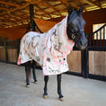 Load image into Gallery viewer, Jeffers Expression Softmesh Combo Neck Horse Fly Sheet on a black horse; white floral print with pink trim.
