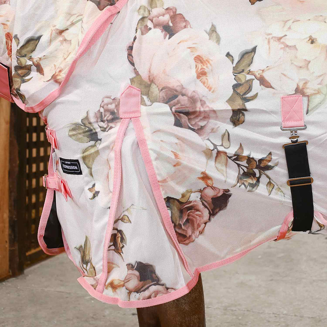 Jeffers Expression Softmesh Combo Neck horse fly sheet in floral white with pink trim and straps