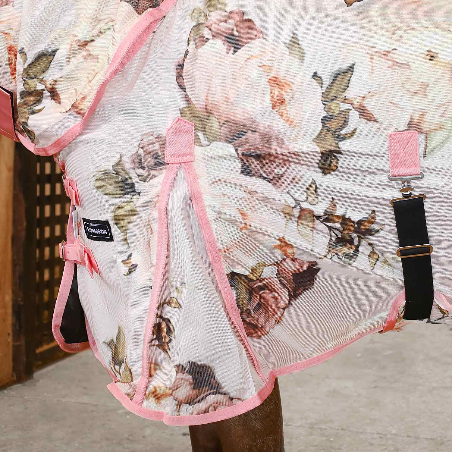 Jeffers Expression Softmesh Combo Neck horse fly sheet in floral white with pink trim and straps