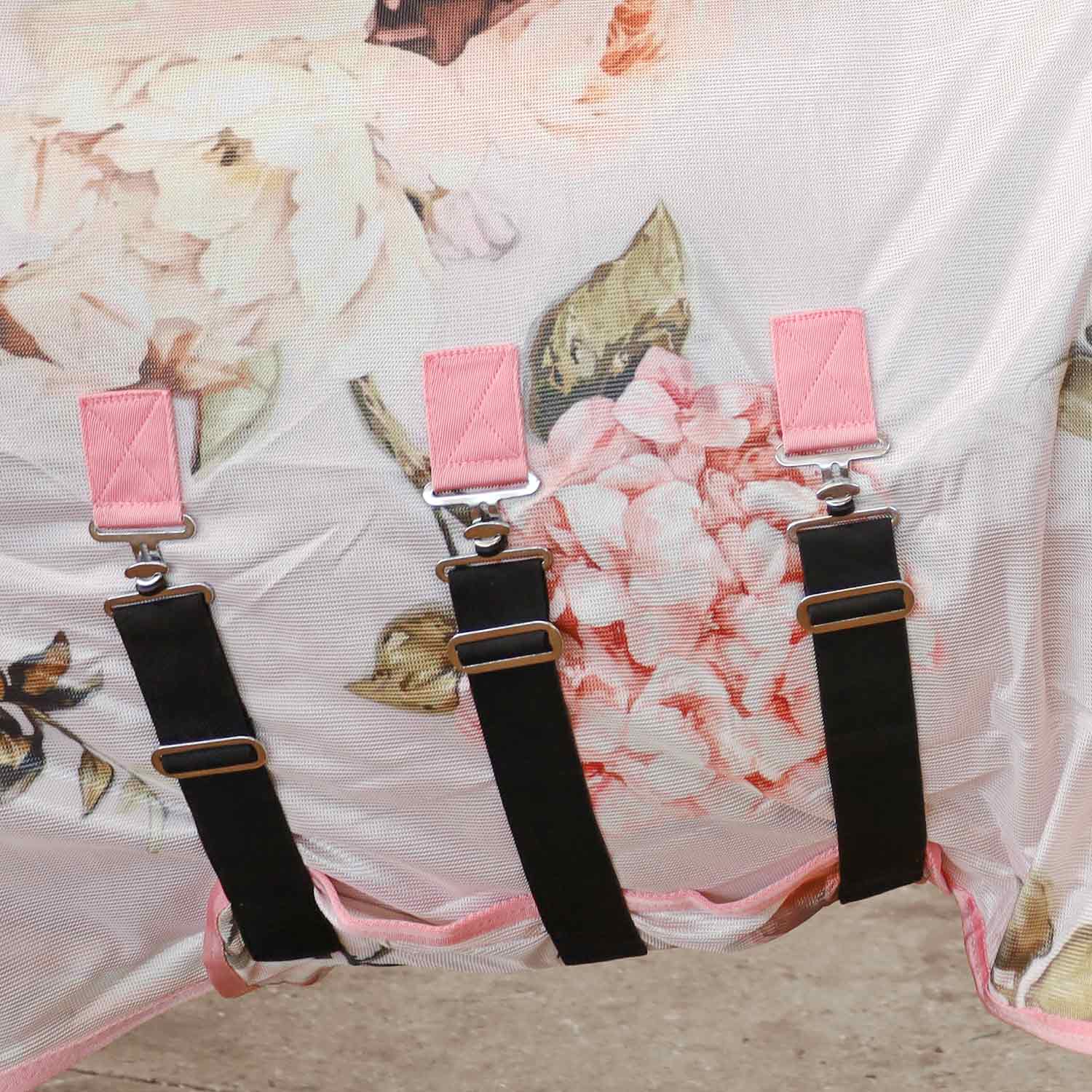 Jeffers Expression Softmesh Combo Neck Horse Fly Sheet, 3 pink tabs with black straps on floral print fabric