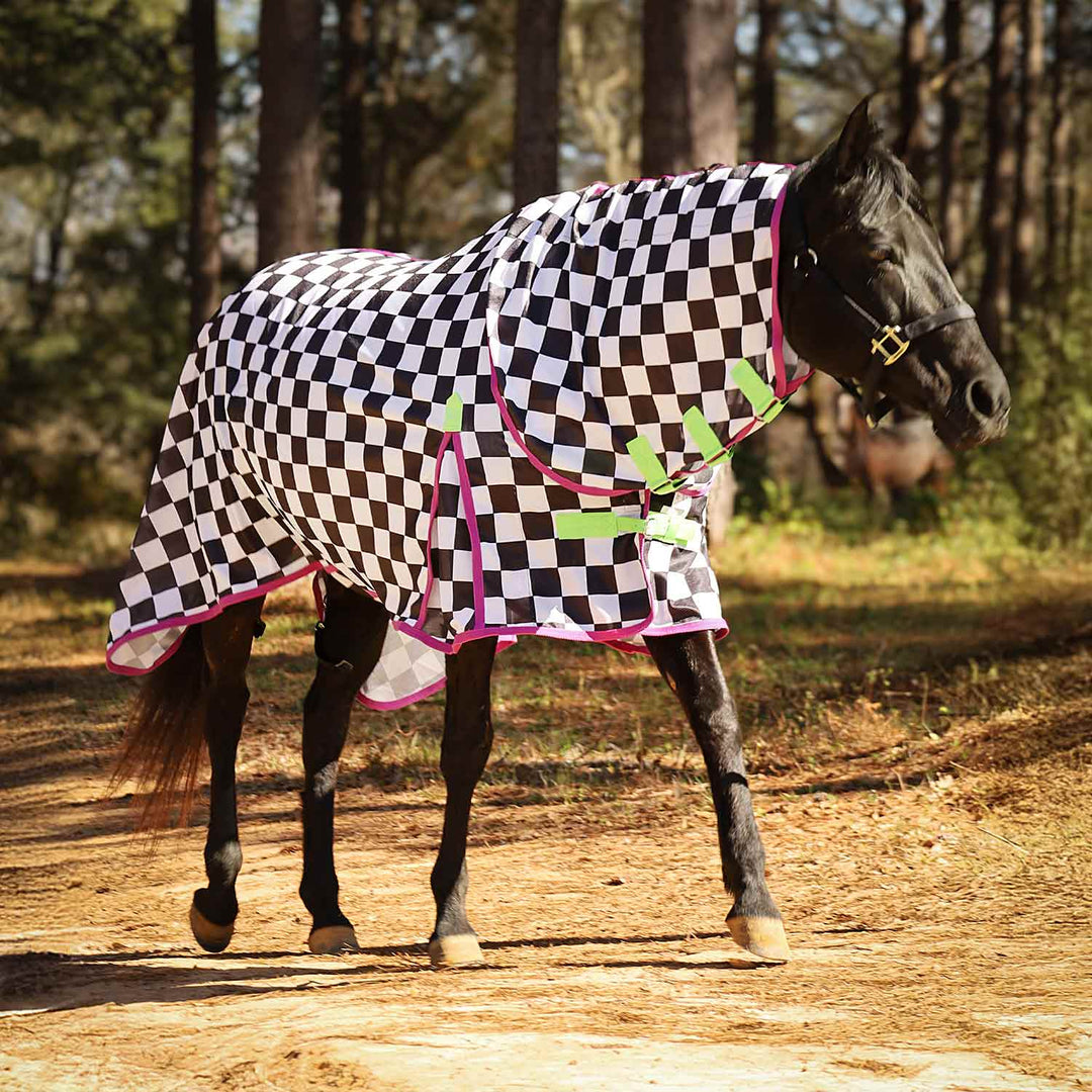 Jeffers Expression Softmesh Combo Neck Horse Fly Sheet, black-and-white checkered sheet with pink trim and neon straps.