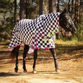 Load image into Gallery viewer, Jeffers Expression Softmesh Combo Neck Horse Fly Sheet, black-and-white checkered sheet with pink trim and neon straps.
