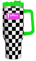 Load image into Gallery viewer, Jeffers Expression 40 oz stainless steel tumbler with green handle and lid, black-white checker pattern; straw included.
