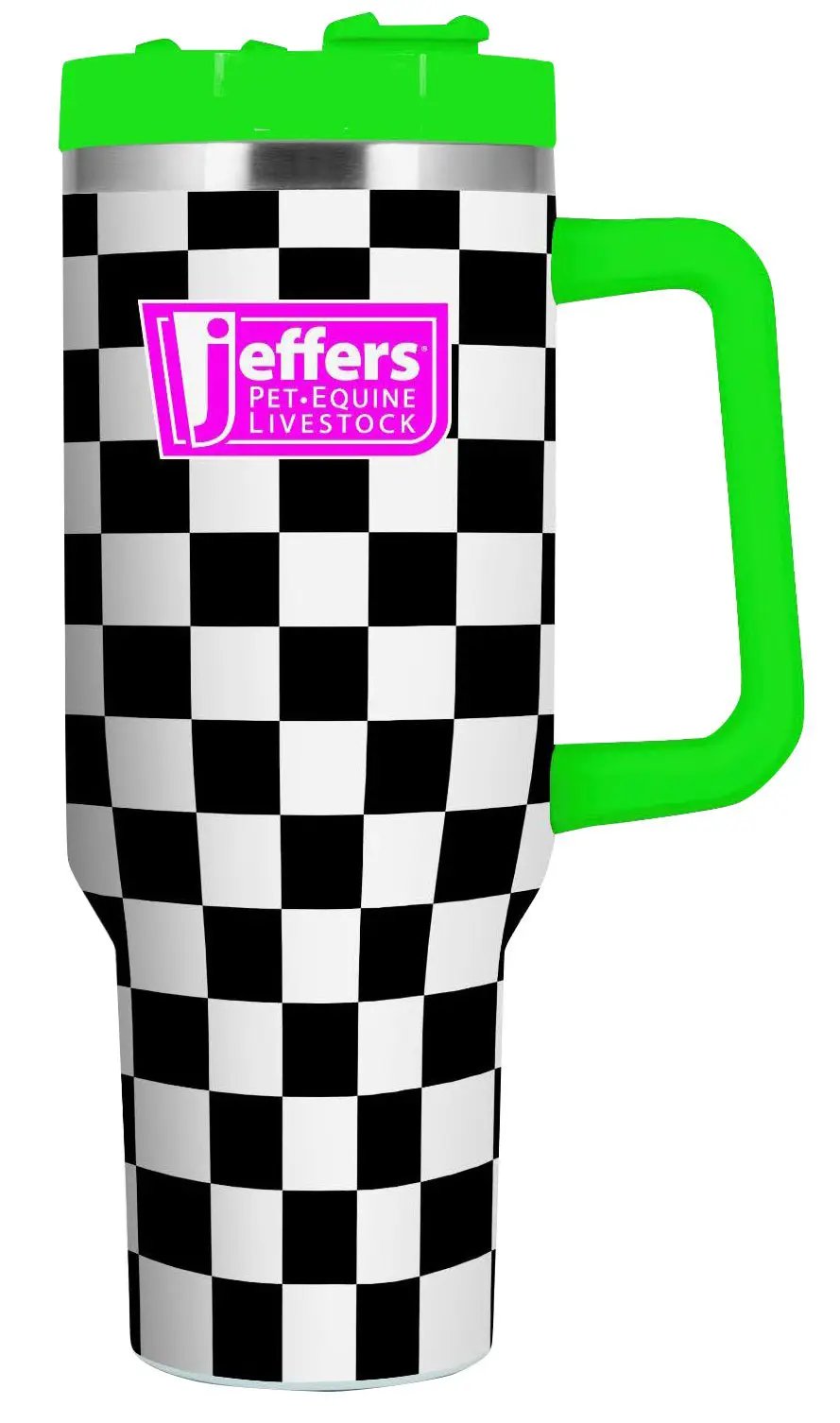 Jeffers Expression 40 oz stainless steel tumbler with green handle and lid, black-white checker pattern; straw included.